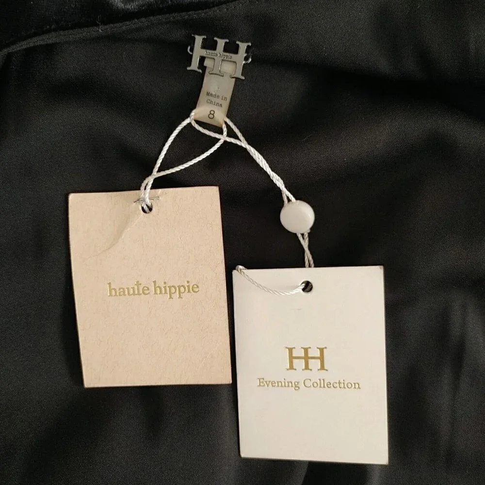 NWT Haute Hippie Black Velvet Maxi Evening Dress Spaghetti Straps Size 8 - Picture 11 of 13